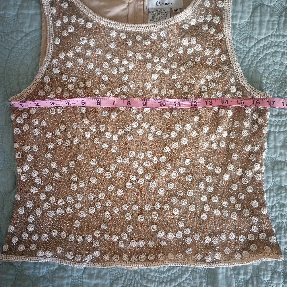 Adrianna Papell Gold White Pearl Beaded Layering Top Sleeveless Silk Size 8P - Picture 13 of 15